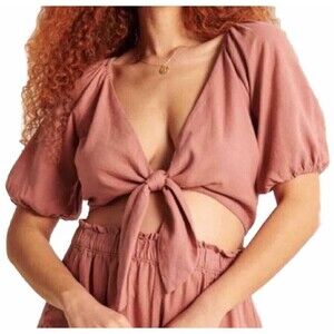 Abercrombie & Fitch Crop Top Puff Sleeve Tie Front Linen Blend XL Peasant Hippie